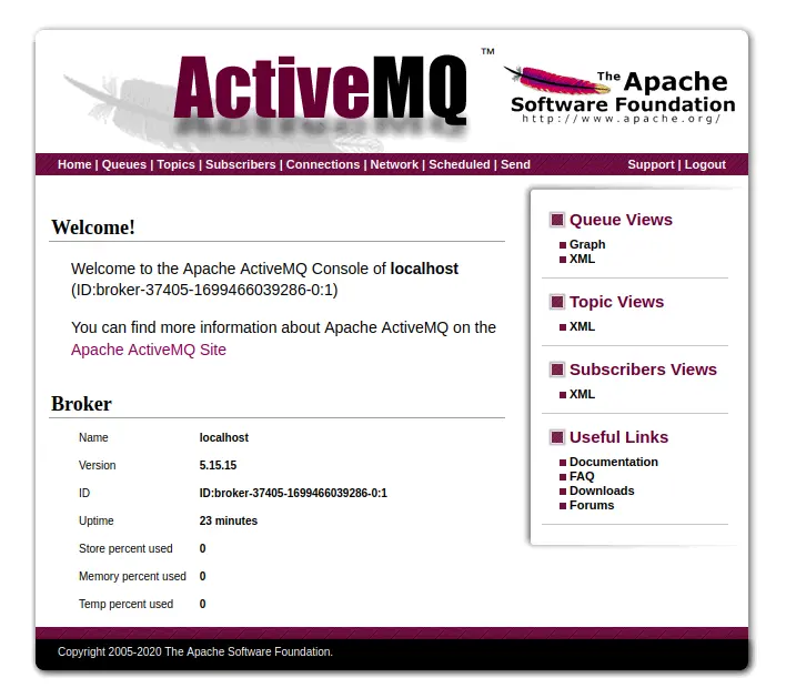 Screenshot of the ActiveMq admin panel