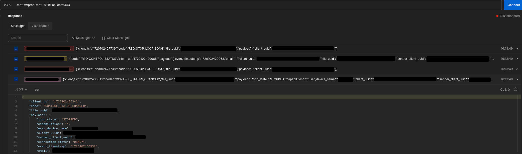 Screenshot of some of the message sent by Tile's MQTT server.